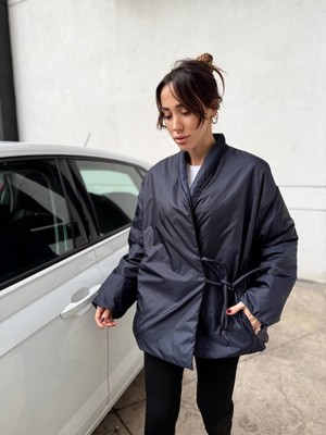 Kadın Kruvaze Kimono Bağlamalı Şişme Lacivert Ceket