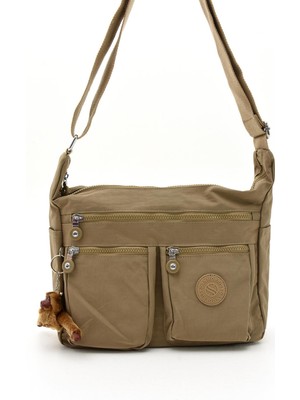 Kadın Büyük Boy Bölmeli Suya Dayanıklı Krinkıl Kumaş Omuz Çantası Vizon