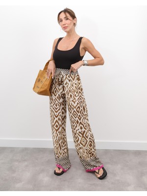 Kadın Etnik Desen Bel Lastikli Krem Pantolon