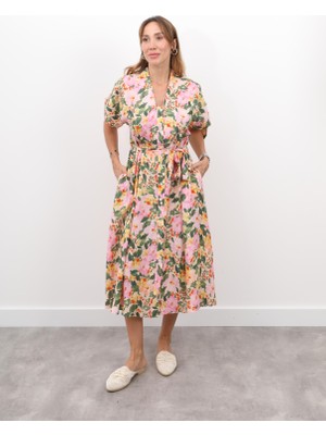 Kadın Çiçek Desenli Vual Kumaş Pembe Elbise