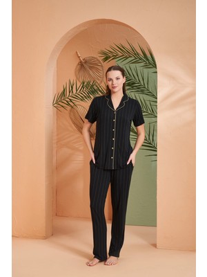 Pjs 27042 Kadın Kısa Kol Çizgili Önü Düğmeli Pijama Takımı
