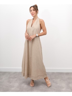 Kadın Çapraz Sırt Detay Bej Askılı Elbise