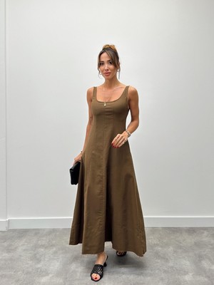 Kadın Askılı Cepli Kahverengi Keten Elbise