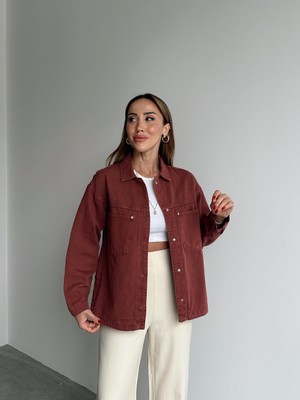 Kadın Gabardin Kumaş Cep Detaylı Kiremit Gömlek