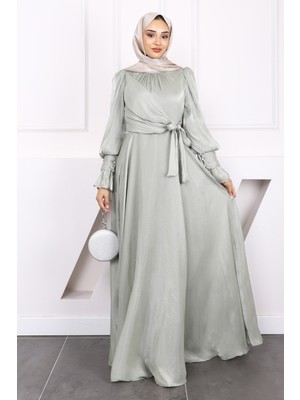 Mint Yeşili Yan Bağlamalı Kol Detaylı Abiye