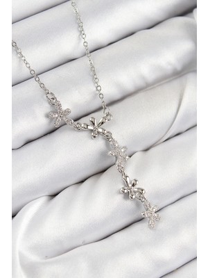 Bfs 316L Çelik Zirkon Taşlı Çiçek Model Gümüş Renk Kadın Kolye