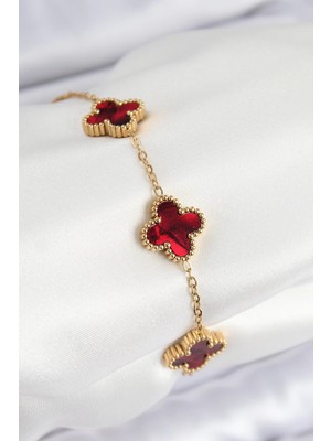 Bfs 316L Çelik Sedefli Kırmızı Gold Renk Yonca Kadın Bileklik