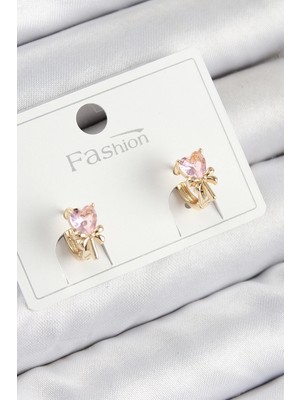 Bfs Pirinç Zirkon Taşlı Fiyonklu Kalp Model Gold Renk Çocuk Küpe