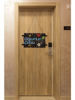 Oğlumun Odası Yazılı Lazer Kesim Çit Figürlü Mdf Kapı Süsü - Rebap