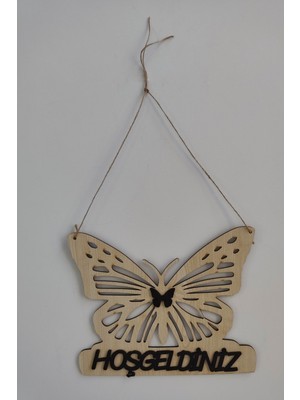 Kapınızda Sıcak Bir Karşılama – Hoşgeldiniz Yazılı Lazer Kesim Kelebek Mdf Kapı Süsü - Akçaağaç
