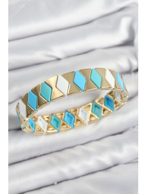 Bfs Pirinç Baklava Desenli Mavi Beyaz Gold Renk Lastikli Kadın Bileklik