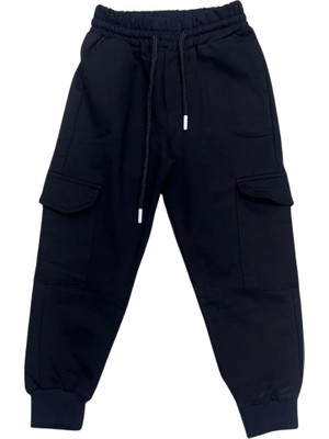 Unisex Çocuk Siyah Kargo Cepli Eşofman Altı Kompak Kumaş