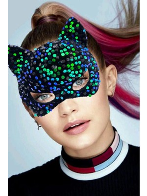 Bfs     Siyah Kadife Kumaş Üzerine Mavi Yeşilli Payetli Pullu Parti Maskesi 16X14 cm