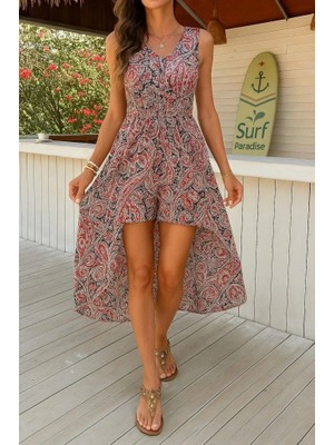 Kadın Kolsuz V Yakalı Desenli Süprem Tulum Elbise