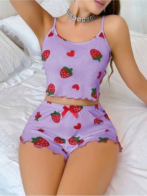 Kadın Çilek Desenli Şortlu Pijama Takımı
