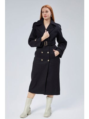 Bolivente Siyah Kruvaze Kaşe Kaban Kadın Uzun Kol Polyester Astarlı Regular Model