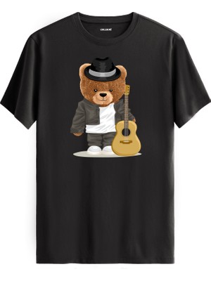 Gitarist Ayı Baskılı Regular Uniseks Tişört %100 Pamuk Kumaş