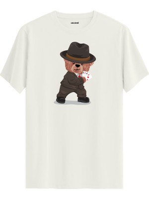 Poker Kartlı Ayı Baskılı Regular Uniseks Tişört %100 Pamuk Kumaş