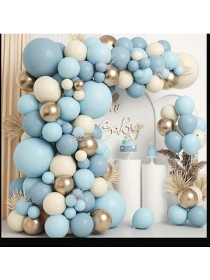 134’LÜ Mavi, Krem ve Altın Balon Süsleme Seti – Doğum Günü, Nişan ve Parti Dekoru