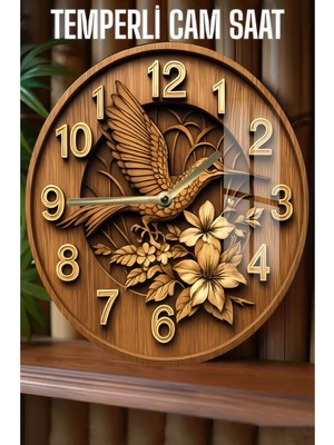 Ahşap Desenli Kuş ve Çiçek Motifli 3D Görünümlü Temperli Cam Saat – 33 cm CSDW179