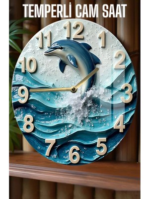 Şık ve Dayanıklı Yunus Detaylı Tasarım 3D Görünümlü Temperli Cam Saat – 33 cm CSDW076
