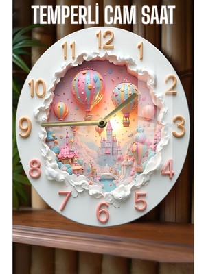 Balon ve Masal Diyarı Temalı 3D Görünümlü Temperli Cam Saat – 33 cm CSDW102