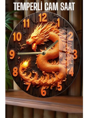 Alevli Ejderha Temalı 3D Görünümlü Temperli Cam Saat – 33 cm CSDW108