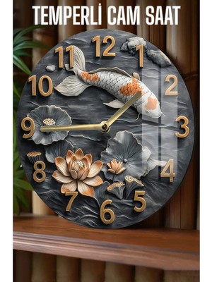 Koi Balığı ve Nilüfer Çiçekli 3D Görünümlü Temperli Cam Saat – 33 cm CSDW047