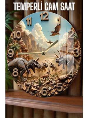 Dinozor Savaşı Temalı 3D Görünümlü Temperli Cam Saat – 33 cm CSDW107