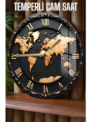 Dünya Haritası Tasarımlı Modern Dekor! 3D Görünümlü Temperli Cam Saat – 33 cm CSDW297