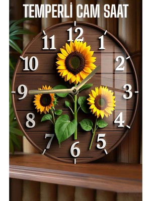 Ayçiçek Temalı 3D Görünümlü Temperli Cam Saat – 33 cm CSDW048