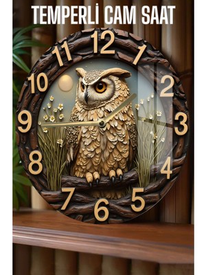 Gece Bekçisi Baykuş Desenli 3D Görünümlü Temperli Cam Saat – 33 cm CSDW166