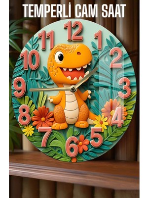 Çocuk Odalarına Neşe Katacak Dinozor Temalı 3D Görünümlü Temperli Cam Saat – 33 cm CSDW158