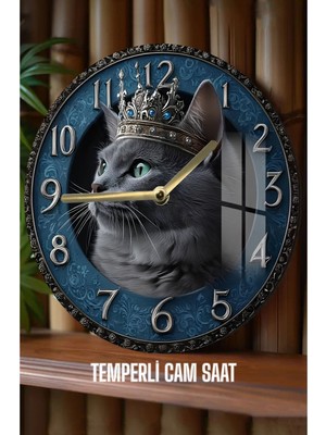 Kral Kedi Tasarımlı 3D Görünümlü Temperli Cam Saat – 33 cm CSDW023