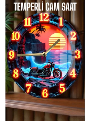 Motosiklet Temalı Şık Tasarım 3D Görünümlü Temperli Cam Saat – 33 cm CSDW051