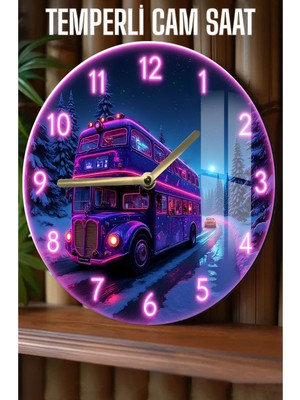 Neon Otobüs Temalı Temperli Cam Saat - 33X33 cm CSDW026