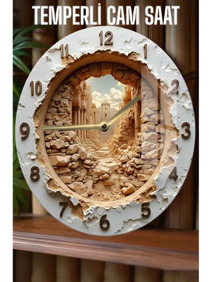 Şık ve Dayanıklı Taş Duvar Tasarım 3D Görünümlü Temperli Cam Saat – 33 cm CSDW077