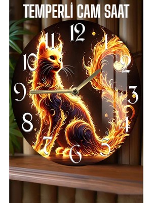 Alev Kedisi Tasarım 3D Görünümlü Temperli Cam Saat – 33 cm CSDW115
