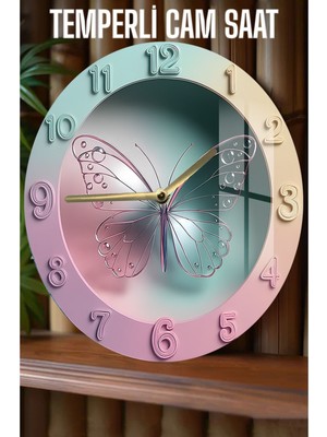Pastel Renkli Kelebek Desenli 3D Görünümlü Temperli Cam Saat – 33 cm CSDW165
