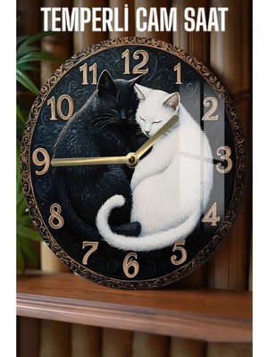 Yin Yang Kedi Temalı 3D Görünümlü Temperli Cam Saat – 33 cm CSDW033