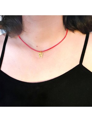 14 Ayar Plakalı Altın J Harfine Özel Kırmızı Bağlıklı Diş Motifli Hediyelik KOLYE-627HARF