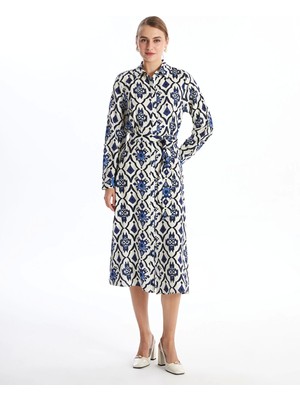 Lcwaıkıkı Classic Mavi Desenli Uzun Kollu Kadın Gömlek Elbise