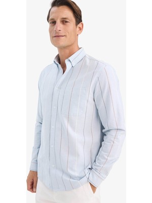 DeFacto %100 Pamuk Regular Fit Polo Yaka Çizgili Cepli Pamuklu Uzun Kollu Gömlek E7892AX25AU