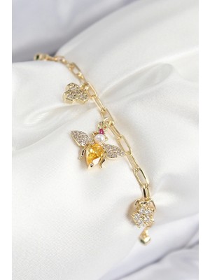 Pirinç Zirkon Taşlı Arı Model Gold Renk Kadın Bileklik