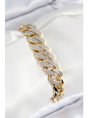 Vıp Pirinç Zirkon Taşlı Cuba Model Gold Renk Kadın Bileklik