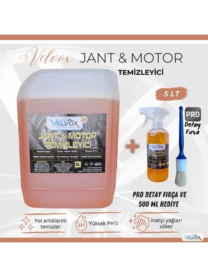 Velvox Jant ve Motor Temizleyici 5 L + 500 ml ve Pro Detay Fırça Hediye | Yüksek pH – Yağ & Balata Tozu Temizleme – Kostiksiz Formül