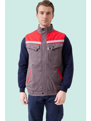 Kışlık Iş Yeleği Grikırmızı Gabardin Çok Cepli Royal Sıcak Tutucu Rüzgar Geçirmez Reflektörlü