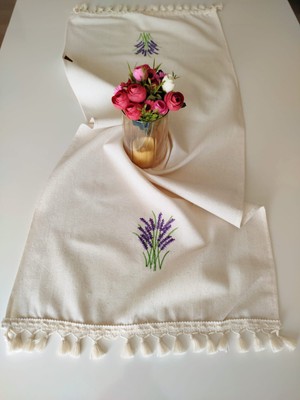 Nakışlı Otantik Organik Saçaklı Yumuşak Keten Runner 47X120 cm