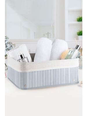 Katlanabilir Bambu Dikdörtgen Sepet 27X38X18 Açık Gri ve Lacivert