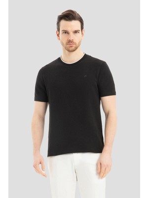 Sabri Özel Bisiklet Yaka Dokulu Örme Erkek T-Shirt Siyah